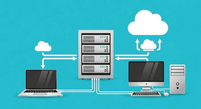 Computer network diagram shows devices connected to server and cloud storage