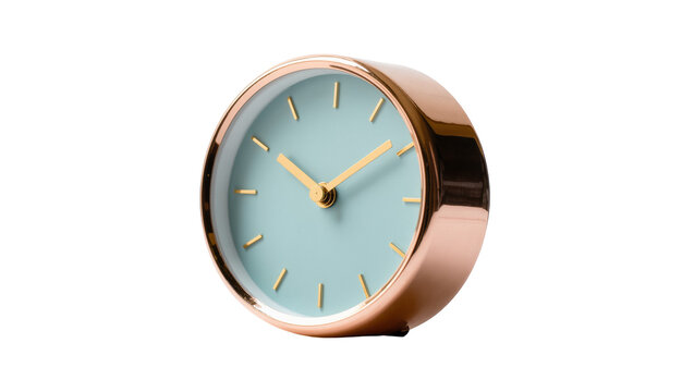 Isolated modern minimalist rose gold alarm clock with a mint blue face and gold hands