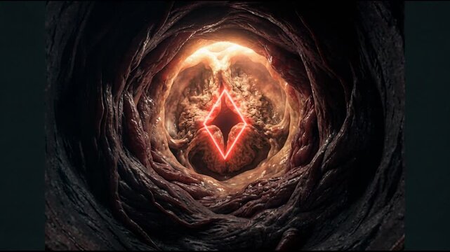 Abstract Organic Tunnel with Pulsating Red Neon Diamond Symbol Creating an Eerie Dental Background