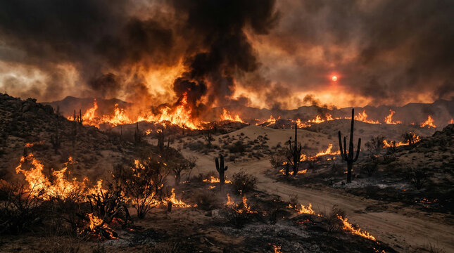 Representaci&oacute;n con IA de desierto incendiado