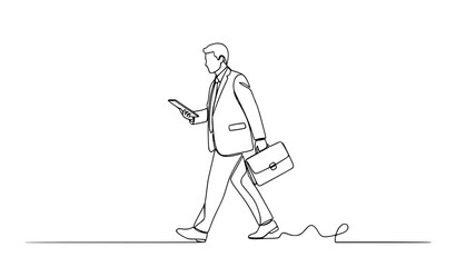 A minimalist line art illustration of a businessman walking while using his phone © KHATUN