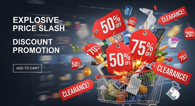 Dynamic explosive retail price slash discount promotion marketing campaign featuring a 3D shopping cart with a large percentage tag for special seasonal clearance offer and commercial sale event