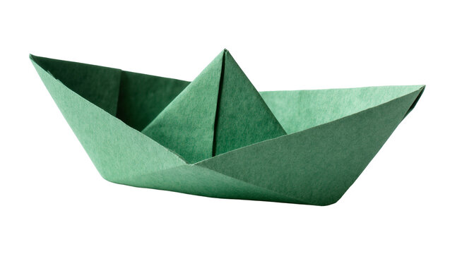 Isolated green paper boat, handcrafted origami toy, simple folded design, side view
