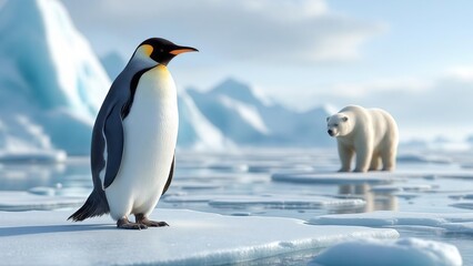 Fototapeta premium single emperor penguin standing on a floating ice floe with a polar bear walking in the blurry background distance