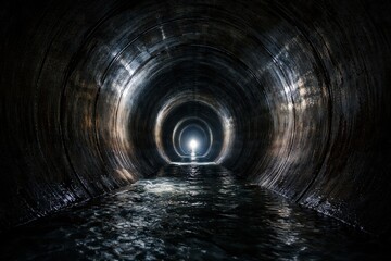 Fototapeta premium Dramatic underground sewer tunnel with flowing water and distant light at vanishing point
