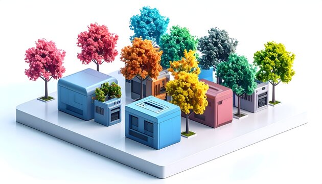 Miniature city model with modern architecture and colorful trees digital art style