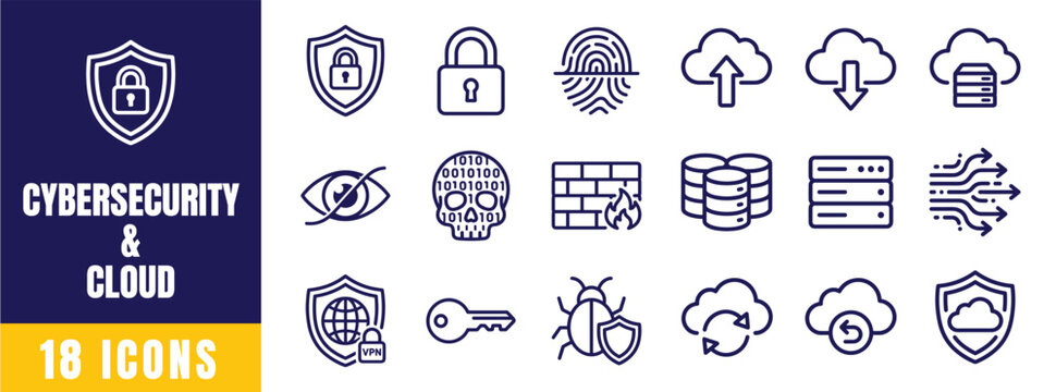 Cybersecurity and Cloud Icon Set &mdash; Shield, Lock, Fingerprint, Firewall, Server, Eye, Key Line Art