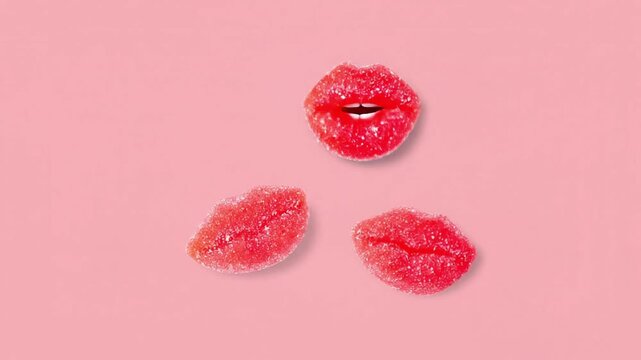  Red marmalade lips talking on a pink background