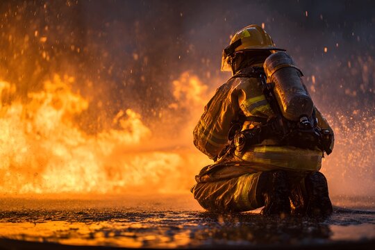 Firefighter wearing protective gear kneels facing a large fire with water spray