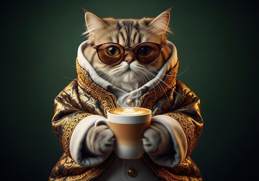 Sophisticated cat in ornate robe wearing glasses enjoys a cup of coffee