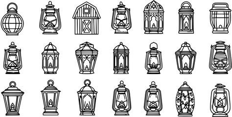 Black and white line art icons of various vintage lanterns, oil lamps, and barn for decoration and lighting © pixsource