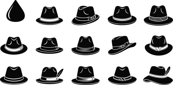 Black fedora hat icons with ribbon bands and feather details, vintage gentlemen headwear collection for fashion and graphic design.