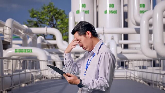 Side View Of An Asian Male Professional Worker Standing With His Tablet at Biodiesel Production Facility, Checking With Dissapionted And Nodding His Head 