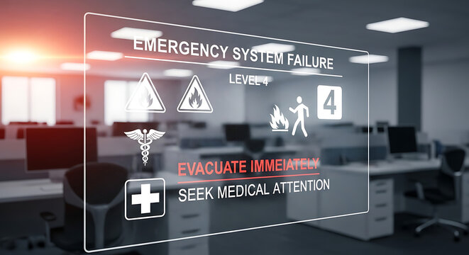 Critical emergency system failure alert with level four warning notification displayed on a transparent digital glass screen interface indicating urgent fire hazard and security danger signal.