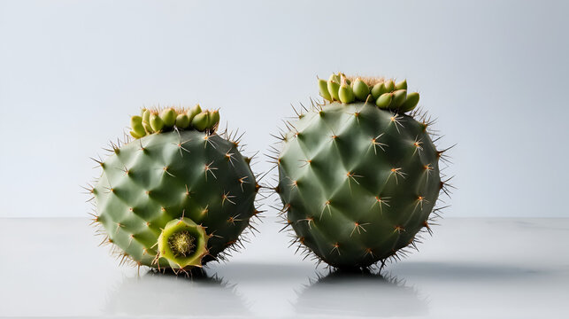 Ultra-detailed ripe dusky green prickly pear fruit with sharp glochids on transparent background with copy space, studio macro still life, concept of natural desert resilience