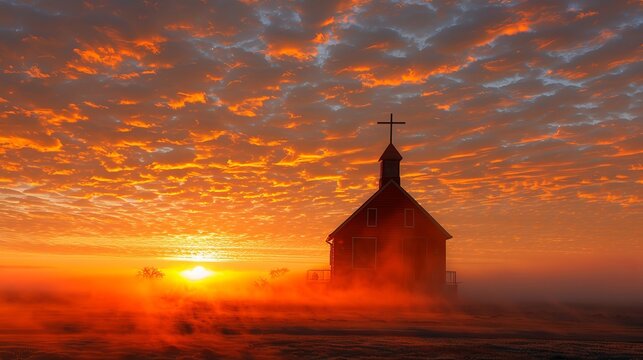 Stunning sunrise behind a small country church with cross silhouette and gentle fog atmosphere