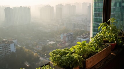 Fototapeta premium Golden herb beds on highrise balcony, sunlit planter boxes and warm haze over distant towers, intimate culinary garden scene with chef role implied, sustainable lifestyle tone and copy space.