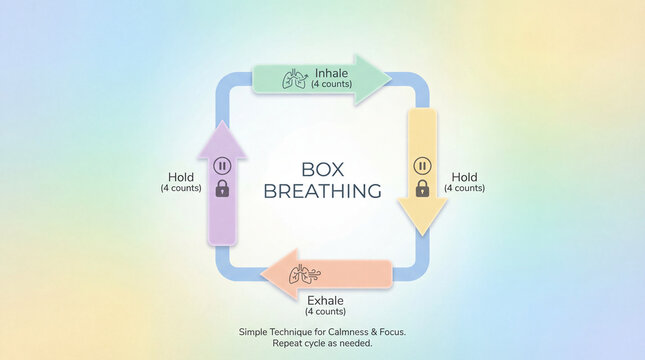 Box breathing infographic shows calm rhythm. Box breathing diagram maps inhale, hold, exhale, hold in four counts for stress relief, mindfulness practice, focus training, emotional regulation support