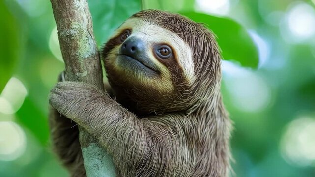 Adorable brown-throated three-toed sloth hanging from a branch in a tropical rainforest