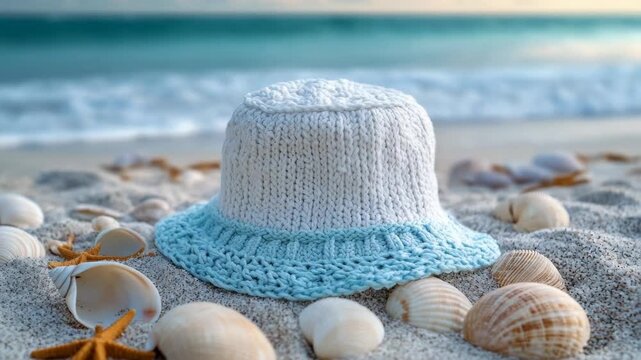 Beautiful handmade hat sitting on a sandy beach surrounded by seashells with ocean waves in background