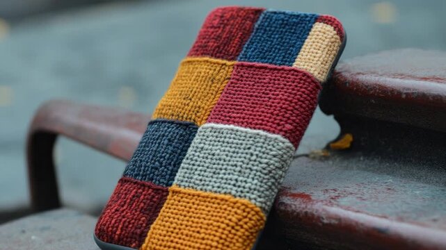 Close-up of a mobile phone with a handmade colorful knitted case resting on a metal surface