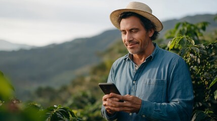 Fototapeta premium Colombian coffee farmer examining ripe cherries on sustainable plantation while video calling with European fair-trade buyers on smartphone, mountain landscape behind terraced fields, ideal for
