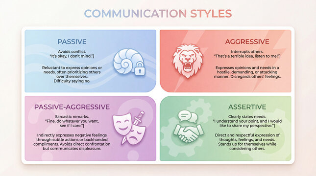 Communication styles shape every conversation. Communication infographic compares passive, aggressive, passive-aggressive, assertive patterns for counseling, workplace training, relationship guidance