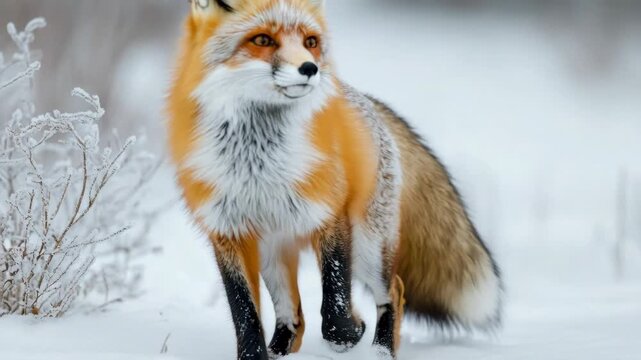 Majestic red fox with beautiful orange fur standing attentively in a snowy winter landscape