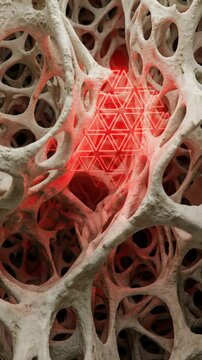 Intricate bone matrix with pulsating red geometric light, symbolizing advanced dental and medical treatment background