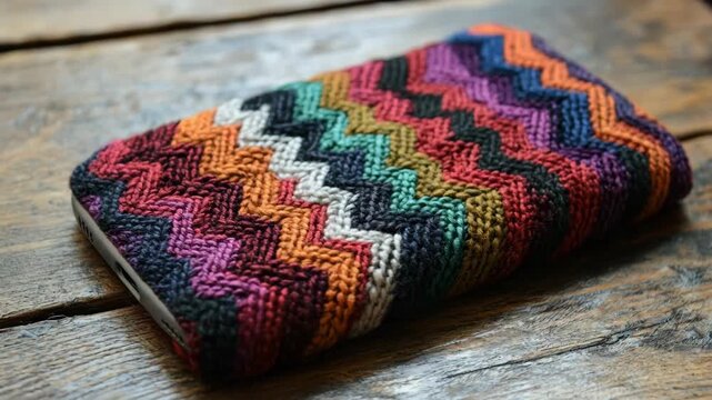 Colorful knitted smartphone case with a chevron pattern laying on an old wooden surface