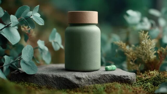 Natural herbal supplement bottle with green capsule on stone in forest