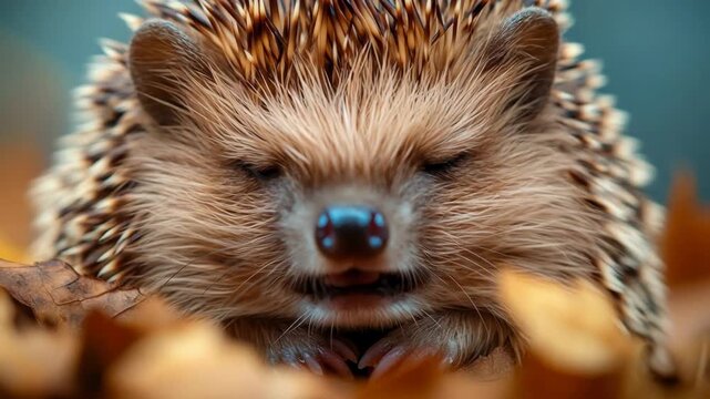 Adorable little hedgehog yawning and slowly closing its eyes, getting sleepy in a pile of fall leaves