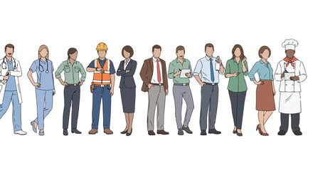 Fototapeta premium A diverse group of eleven men and women stands side-by-side, representing a wide range of professions from healthcare to construction and business.