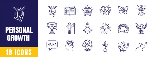 Fototapeta premium Personal Growth and Self Improvement Icon Set — Goal, Trophy, Mindset, Rainbow, Rising Star Line Art