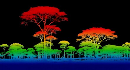 Fototapeta premium Vibrant Rainbow-Colored Forest Canopy at Dusk A Stunning Spectacle of Nature's Palette