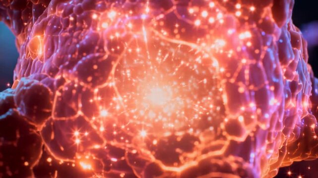 Microscopic view of luminous neurons with glowing synapses in human brain network