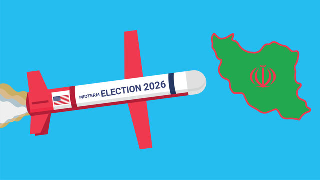 US Midterm Election 2026 Missile Toward Iran Vector Illustration. Midterm elections against the backdrop of the war in Iran. Suitable for news, editorial, and infographic use.