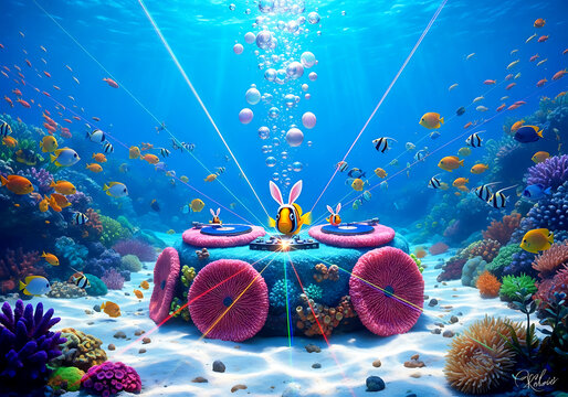 A cute clownfish wearing bunny ears performing as a dj on a coral reef stage during an underwater easter party celebration