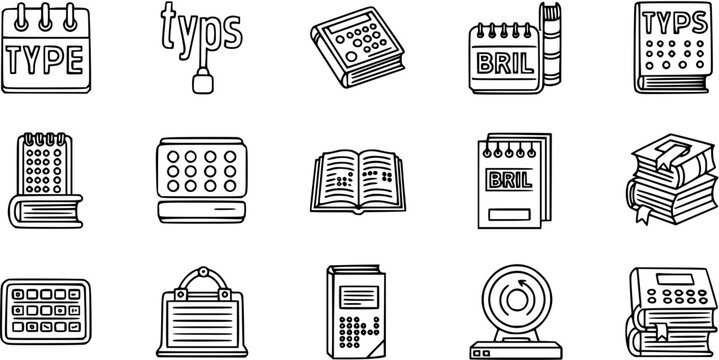 Braille and Assistive Technology Line Art Icons for Visually Impaired Education. Outline Symbols of Braille Devices, Books, and Accessibility Tools.