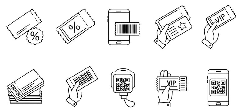 simple ticket entry pass icon line set. voucher access for cinema, concert, sport, flight, transport, vip qr code reservation signs vector outline illustration