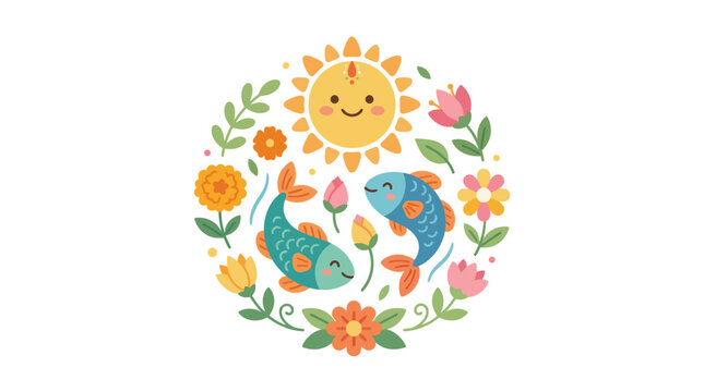 Cute kawaii style illustration with smiling sun, fish, and colorful flowers.