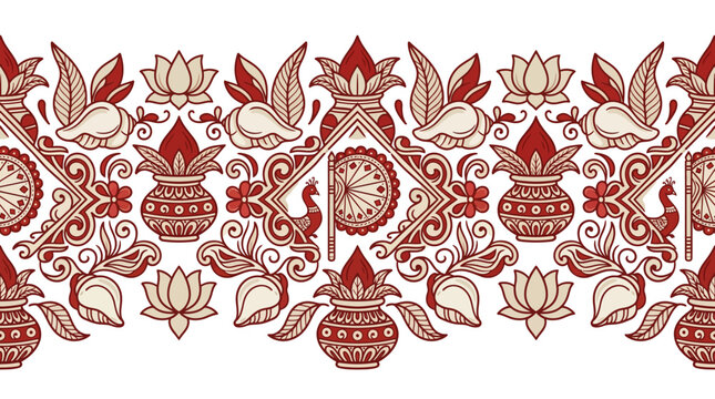Traditional Indian wedding border pattern with kalash, lotus, and peacock ornaments.