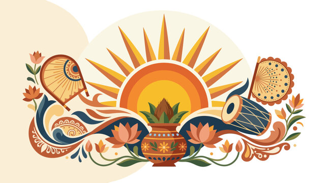 Traditional Bengali festival illustration with sun, kalash, dhol drum, and kula fan ornaments.