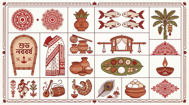Mega collection of Bengali New Year elements with saree, kalash, fish, and traditional food icons.