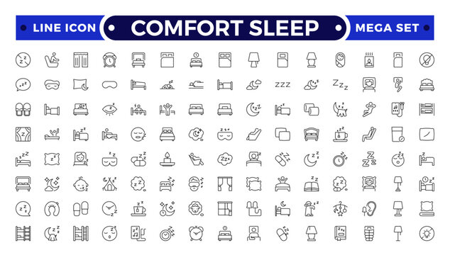 Comfort sleep outline icon set. Sleep and Bedding Comfort Line Icons &ndash; Pillow Positions, Sleeping Person, Relaxation, Bedtime and Wellness Vector Set.