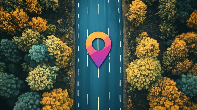 Exploring road navigation tools placed on a highway surrounded by trees in autumn colors