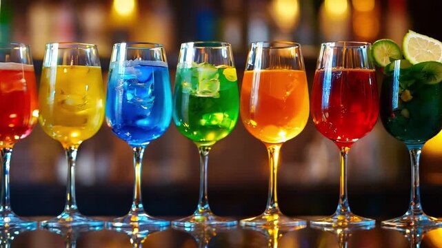 Different colored drinks are arranged on a bar counter, showcasing vibrant hues and ice, while the background is softly illuminated