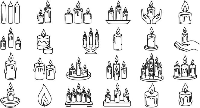 Black and White Line Art Candle Icons Set. Outline Doodle Collection of Burning Candles, Candelabras, and Flames for Spirituality, Decoration, Celebration.