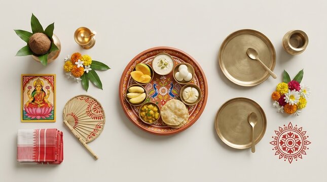 Traditional Bengali festival flat lay with authentic food, kalash, brass plates, and ritual items.
