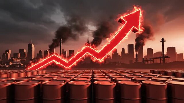 Fiery red arrow graph showing upward trend over oil barrels with city skyline and industrial smoke in background motion footage